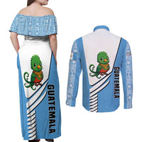 Guatemala Cute Quetzal Bird Couples Matching Off Shoulder Maxi Dress and Long Sleeve Button Shirt with Blue White Flag Colors and Tribal Pattern Design - Wonder Print Shop