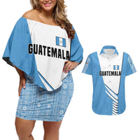 Guatemala Cute Quetzal Bird Couples Matching Off Shoulder Short Dress and Hawaiian Shirt with Blue White Flag Colors and Tribal Pattern Design - Wonder Print Shop