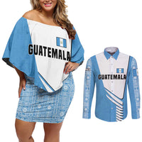 Guatemala Cute Quetzal Bird Couples Matching Off Shoulder Short Dress and Long Sleeve Button Shirt with Blue White Flag Colors and Tribal Pattern Design - Wonder Print Shop
