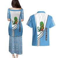 Guatemala Cute Quetzal Bird Couples Matching Puletasi and Hawaiian Shirt with Blue White Flag Colors and Tribal Pattern Design - Wonder Print Shop