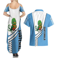 Guatemala Cute Quetzal Bird Couples Matching Summer Maxi Dress and Hawaiian Shirt with Blue White Flag Colors and Tribal Pattern Design - Wonder Print Shop