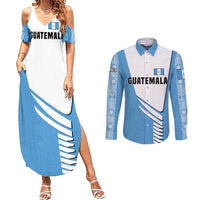 Guatemala Cute Quetzal Bird Couples Matching Summer Maxi Dress and Long Sleeve Button Shirt with Blue White Flag Colors and Tribal Pattern Design - Wonder Print Shop