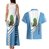 Guatemala Cute Quetzal Bird Couples Matching Tank Maxi Dress and Hawaiian Shirt with Blue White Flag Colors and Tribal Pattern Design - Wonder Print Shop