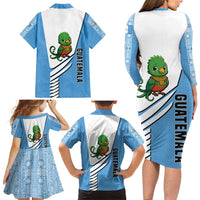 Guatemala Cute Quetzal Bird Family Matching Long Sleeve Bodycon Dress and Hawaiian Shirt with Blue White Flag Colors and Tribal Pattern Design - Wonder Print Shop