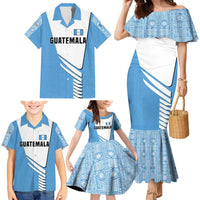 Guatemala Cute Quetzal Bird Family Matching Mermaid Dress and Hawaiian Shirt with Blue White Flag Colors and Tribal Pattern Design - Wonder Print Shop