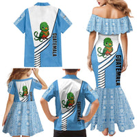 Guatemala Cute Quetzal Bird Family Matching Mermaid Dress and Hawaiian Shirt with Blue White Flag Colors and Tribal Pattern Design - Wonder Print Shop