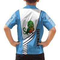 Guatemala Cute Quetzal Bird Family Matching Off The Shoulder Long Sleeve Dress and Hawaiian Shirt with Blue White Flag Colors and Tribal Pattern Design - Wonder Print Shop