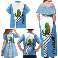 Guatemala Cute Quetzal Bird Family Matching Off Shoulder Maxi Dress and Hawaiian Shirt with Blue White Flag Colors and Tribal Pattern Design - Wonder Print Shop