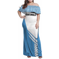Guatemala Cute Quetzal Bird Family Matching Off Shoulder Maxi Dress and Hawaiian Shirt with Blue White Flag Colors and Tribal Pattern Design - Wonder Print Shop