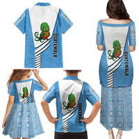 Guatemala Cute Quetzal Bird Family Matching Puletasi and Hawaiian Shirt with Blue White Flag Colors and Tribal Pattern Design - Wonder Print Shop