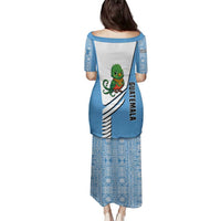 Guatemala Cute Quetzal Bird Family Matching Puletasi and Hawaiian Shirt with Blue White Flag Colors and Tribal Pattern Design - Wonder Print Shop