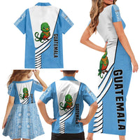 Guatemala Cute Quetzal Bird Family Matching Short Sleeve Bodycon Dress and Hawaiian Shirt with Blue White Flag Colors and Tribal Pattern Design - Wonder Print Shop