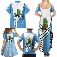Guatemala Cute Quetzal Bird Family Matching Summer Maxi Dress and Hawaiian Shirt with Blue White Flag Colors and Tribal Pattern Design - Wonder Print Shop