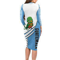 Guatemala Cute Quetzal Bird Long Sleeve Bodycon Dress with Blue White Flag Colors and Tribal Pattern Design - Wonder Print Shop