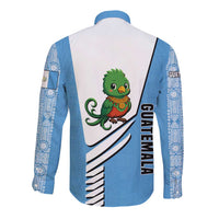 Guatemala Cute Quetzal Bird Long Sleeve Button Shirt with Blue White Flag Colors and Tribal Pattern Design - Wonder Print Shop