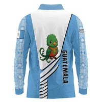 Guatemala Cute Quetzal Bird Long Sleeve Polo Shirt with Blue White Flag Colors and Tribal Pattern Design - Wonder Print Shop