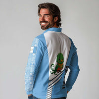 Guatemala Cute Quetzal Bird Long Sleeve Polo Shirt with Blue White Flag Colors and Tribal Pattern Design - Wonder Print Shop