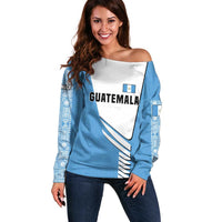 Guatemala Cute Quetzal Bird Off Shoulder Sweater with Blue White Flag Colors and Tribal Pattern Design - Wonder Print Shop