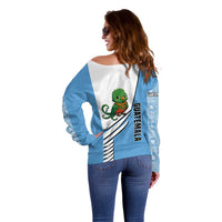Guatemala Cute Quetzal Bird Off Shoulder Sweater with Blue White Flag Colors and Tribal Pattern Design - Wonder Print Shop