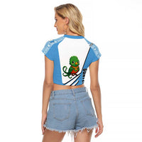 Guatemala Cute Quetzal Bird Raglan Cropped T Shirt with Blue White Flag Colors and Tribal Pattern Design - Wonder Print Shop