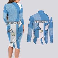 Guatemala Flag Map Couples Matching Long Sleeve Bodycon Dress and Long Sleeve Button Shirt with Blue White Swirl and Geometric Pattern Design - Wonder Print Shop