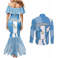 Guatemala Flag Map Couples Matching Mermaid Dress and Long Sleeve Button Shirt with Blue White Swirl and Geometric Pattern Design - Wonder Print Shop