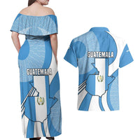 Guatemala Flag Map Couples Matching Off Shoulder Maxi Dress and Hawaiian Shirt with Blue White Swirl and Geometric Pattern Design - Wonder Print Shop