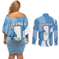 Guatemala Flag Map Couples Matching Off Shoulder Short Dress and Long Sleeve Button Shirt with Blue White Swirl and Geometric Pattern Design - Wonder Print Shop