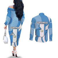 Guatemala Flag Map Couples Matching Off The Shoulder Long Sleeve Dress and Long Sleeve Button Shirt with Blue White Swirl and Geometric Pattern Design - Wonder Print Shop
