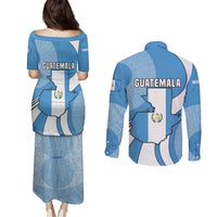 Guatemala Flag Map Couples Matching Puletasi and Long Sleeve Button Shirt with Blue White Swirl and Geometric Pattern Design - Wonder Print Shop