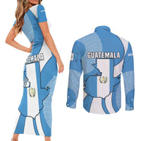 Guatemala Flag Map Couples Matching Short Sleeve Bodycon Dress and Long Sleeve Button Shirt with Blue White Swirl and Geometric Pattern Design - Wonder Print Shop