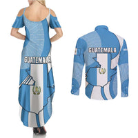 Guatemala Flag Map Couples Matching Summer Maxi Dress and Long Sleeve Button Shirt with Blue White Swirl and Geometric Pattern Design - Wonder Print Shop