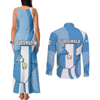 Guatemala Flag Map Couples Matching Tank Maxi Dress and Long Sleeve Button Shirt with Blue White Swirl and Geometric Pattern Design - Wonder Print Shop