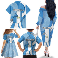 Guatemala Flag Map Family Matching Off The Shoulder Long Sleeve Dress and Hawaiian Shirt with Blue White Swirl and Geometric Pattern Design - Wonder Print Shop
