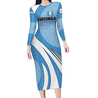 Guatemala Flag Map Long Sleeve Bodycon Dress with Blue White Swirl and Geometric Pattern Design - Wonder Print Shop