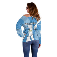 Guatemala Flag Map Off Shoulder Sweater with Blue White Swirl and Geometric Pattern Design - Wonder Print Shop