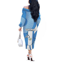 Guatemala Flag Map Off The Shoulder Long Sleeve Dress with Blue White Swirl and Geometric Pattern Design - Wonder Print Shop