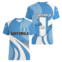 Guatemala Flag Map Women V-Neck T-Shirt with Blue White Swirl and Geometric Pattern Design - Wonder Print Shop