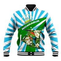 Nicaragua National Bird Baseball Jacket with White Flor de Sacuanjoche and Blue Stripe Design - Wonder Print Shop