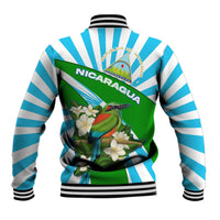 Nicaragua National Bird Baseball Jacket with White Flor de Sacuanjoche and Blue Stripe Design - Wonder Print Shop