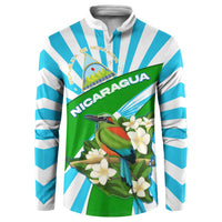 Nicaragua National Bird Button Sweatshirt with White Flor de Sacuanjoche and Blue Stripe Design - Wonder Print Shop