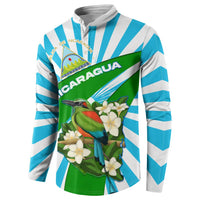 Nicaragua National Bird Button Sweatshirt with White Flor de Sacuanjoche and Blue Stripe Design - Wonder Print Shop