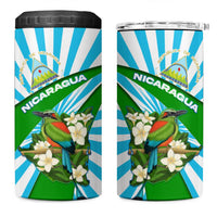 Nicaragua National Bird 4 in 1 Can Cooler Tumbler with White Flor de Sacuanjoche and Blue Stripe Design - Wonder Print Shop