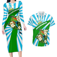 Nicaragua National Bird Couples Matching Long Sleeve Bodycon Dress and Hawaiian Shirt with White Flor de Sacuanjoche and Blue Stripe Design - Wonder Print Shop