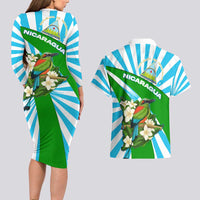 Nicaragua National Bird Couples Matching Long Sleeve Bodycon Dress and Hawaiian Shirt with White Flor de Sacuanjoche and Blue Stripe Design - Wonder Print Shop