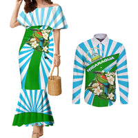 Nicaragua National Bird Couples Matching Mermaid Dress and Long Sleeve Button Shirt with White Flor de Sacuanjoche and Blue Stripe Design - Wonder Print Shop