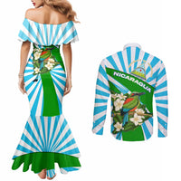 Nicaragua National Bird Couples Matching Mermaid Dress and Long Sleeve Button Shirt with White Flor de Sacuanjoche and Blue Stripe Design - Wonder Print Shop