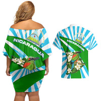Nicaragua National Bird Couples Matching Off Shoulder Short Dress and Hawaiian Shirt with White Flor de Sacuanjoche and Blue Stripe Design - Wonder Print Shop