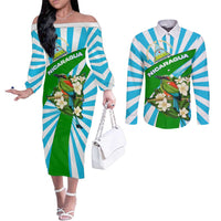 Nicaragua National Bird Couples Matching Off The Shoulder Long Sleeve Dress and Long Sleeve Button Shirt with White Flor de Sacuanjoche and Blue Stripe Design - Wonder Print Shop