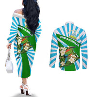 Nicaragua National Bird Couples Matching Off The Shoulder Long Sleeve Dress and Long Sleeve Button Shirt with White Flor de Sacuanjoche and Blue Stripe Design - Wonder Print Shop